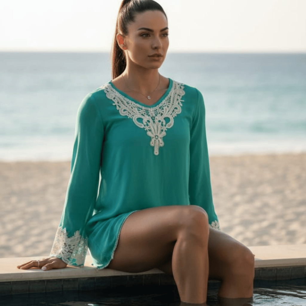 ⚡Bata Saída de Praia Jolie Grife Original | Crepe de Seda Luxo Guipir Branco | Peça Única T-P⚡