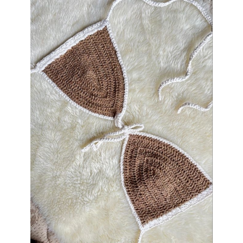 Top biquíni crochê feminino verão duas cores alça fina amarração em Oferta na Shopee