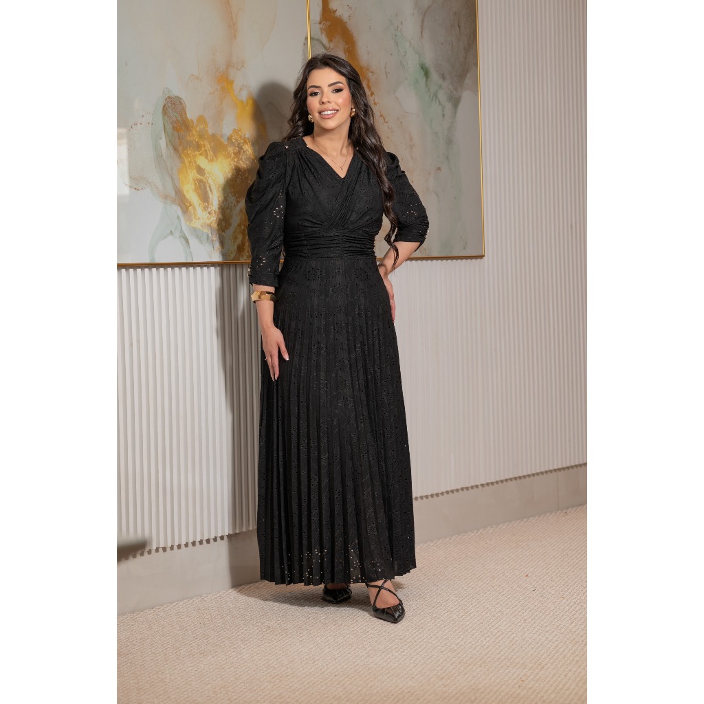 Vestido Longo Juliana no Tecido Malha Lese Premium Elegante Plissado Ideal para Momentos Especiais!