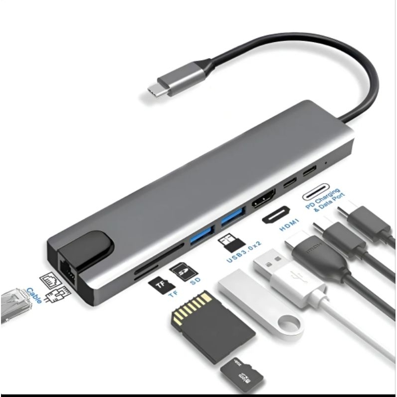 Adaptador Hub Tipo C 8 Em 1 Micro Usb 3.0 Sd Cartões notebook hdmi