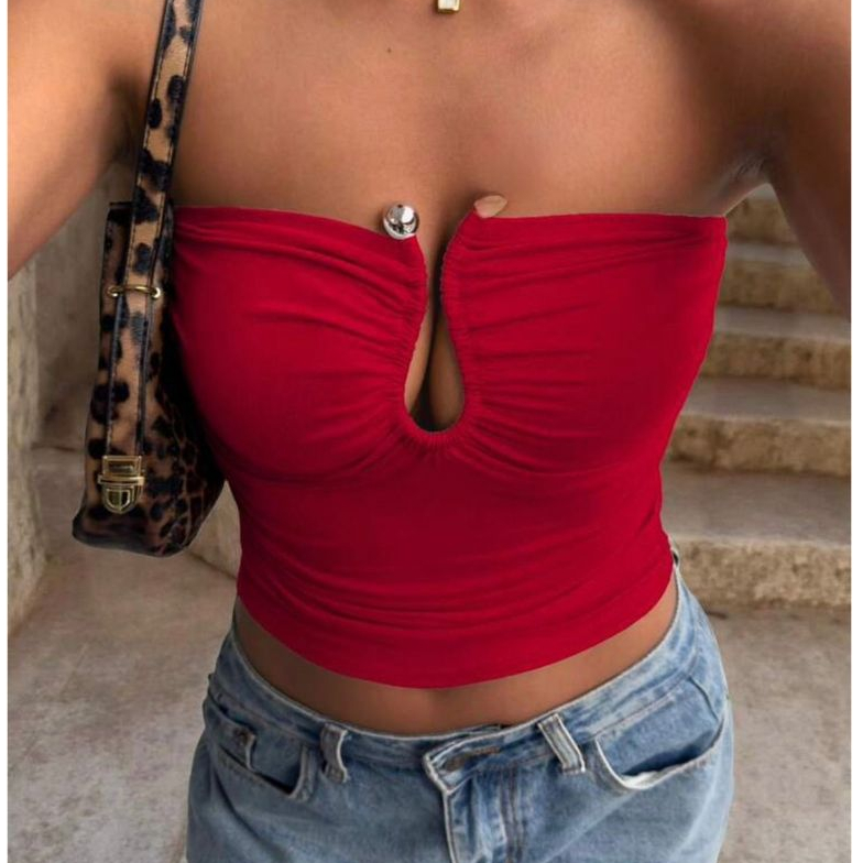 Cropped tomara que caia fivela na frente top faixa tube argola na frente  perfeito natal ano novo blusinha  argola em Oferta na Shopee