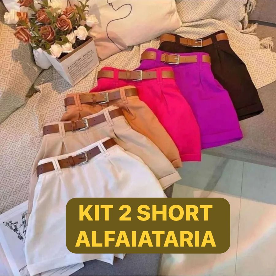Kit 2 Shorts Alfaiataria Feminina Social Short Cintura Alta com Cinto Disfarça Barriga