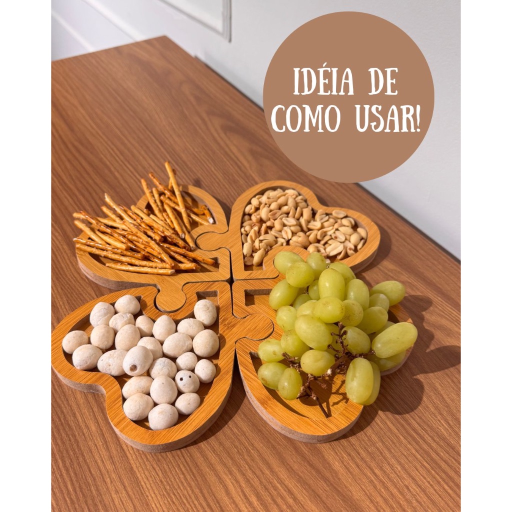 Gamela Petisqueira salgados MDF 14,5 cm x 14,5 cm Para Petiscos Como Churrasco Frios Comida Bandeja Trevo 4 Divisorias.