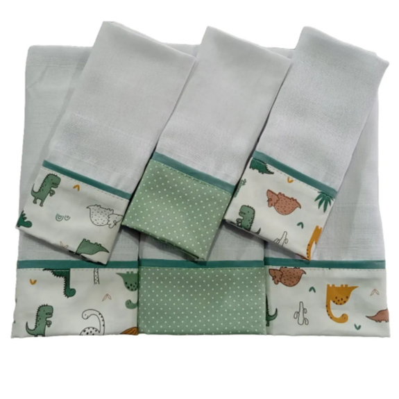 3 Fraldas De Boca + 3 Fraldas D/ Ombro Estampas Dinossauro Novo C/ Poá Verde Tecido 100% Algodão
