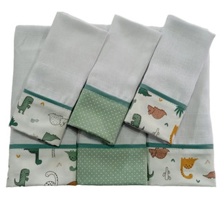 3 Fraldas De Boca + 3 Fraldas D/ Ombro Estampas Dinossauro Novo C/ Poá Verde Tecido 100% Algodão