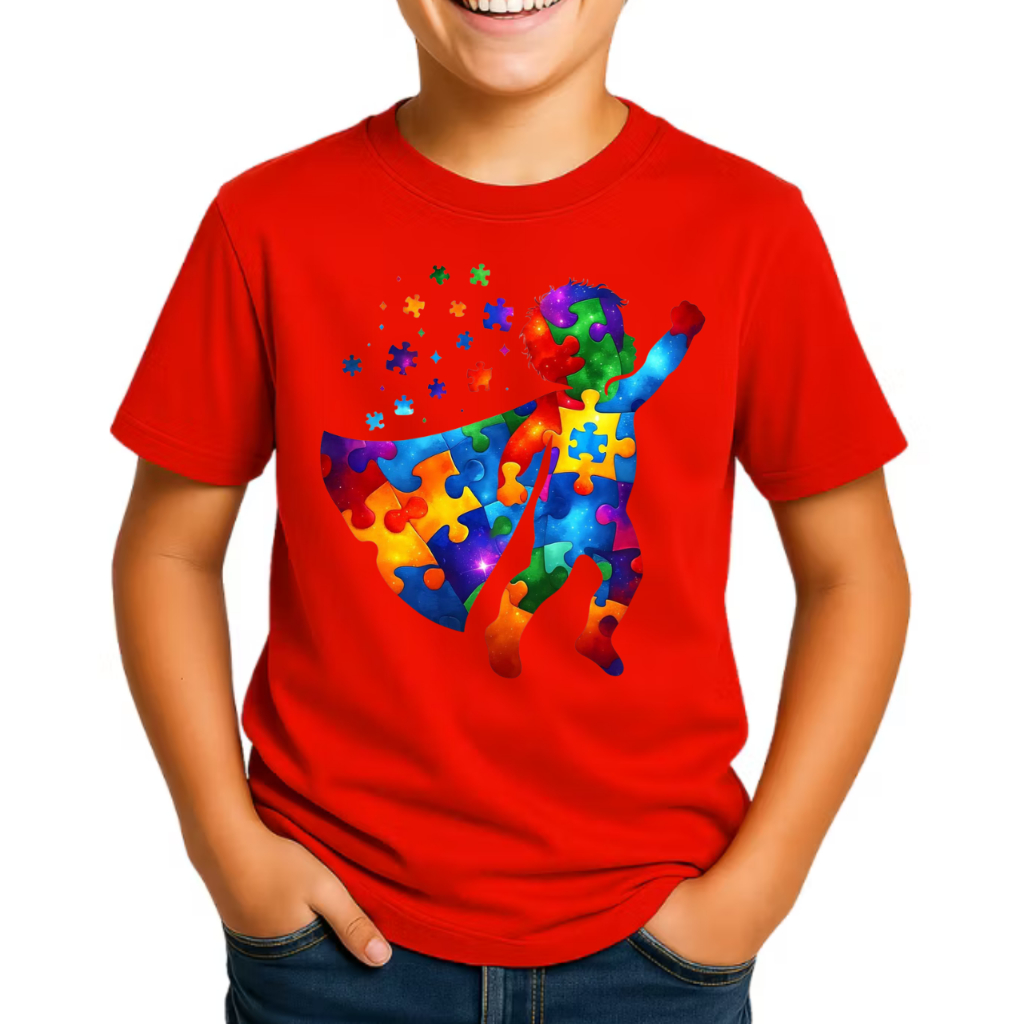 Camiseta Infantil Juvenil Autismo Super Heroi Camisa Estampada Autista 100% Algodão Criança Feliz