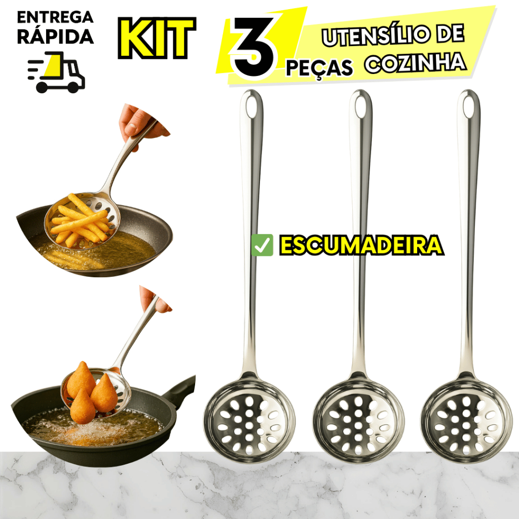 KIT 3 Escumadeira Inox Multiuso Para Frituras Arroz Batata Frita Cozinha Restaurante Lanchonete