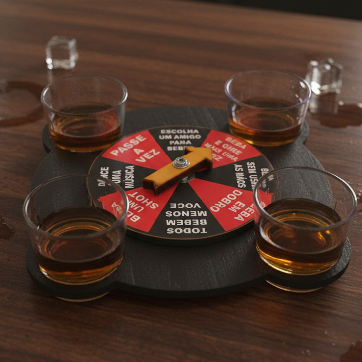 Roleta Roda De Shot Jogo Bebidas Mdf Com 4 Copos Festa Drink Amigos Tequila