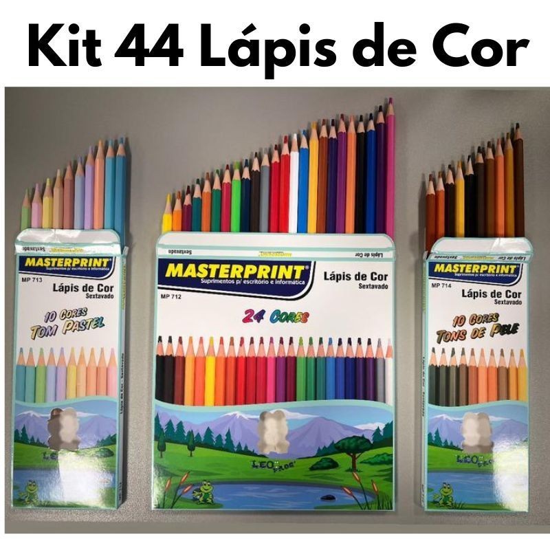 Kit 44 Lápis de Cor 24 Cores Vivas +10 Tom Pastel +10 Tons de Pele Masterprint em Oferta na Shopee