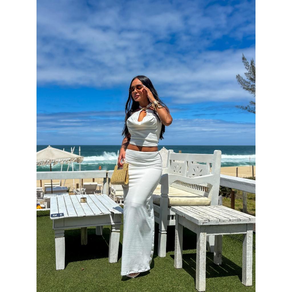 CONJUNTO ANA - conjunto feminino liso tendencia blusa multiformas amarração + Saia longa tendencia moda blogueira verão