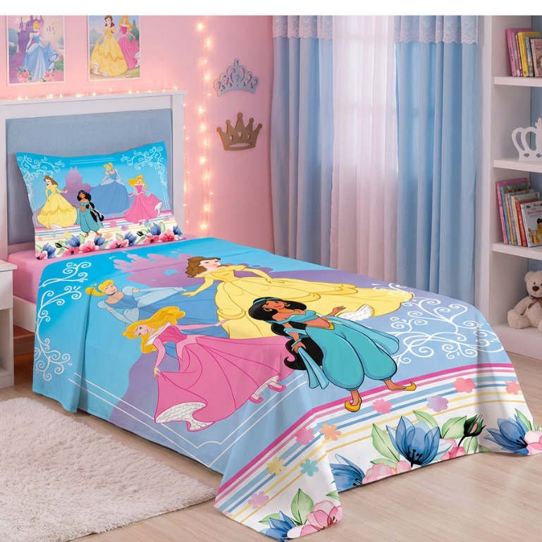 Lençol Cobre Leito Solteiro Princesas Blue + Fronha | Kit Infantil Feminino Disney