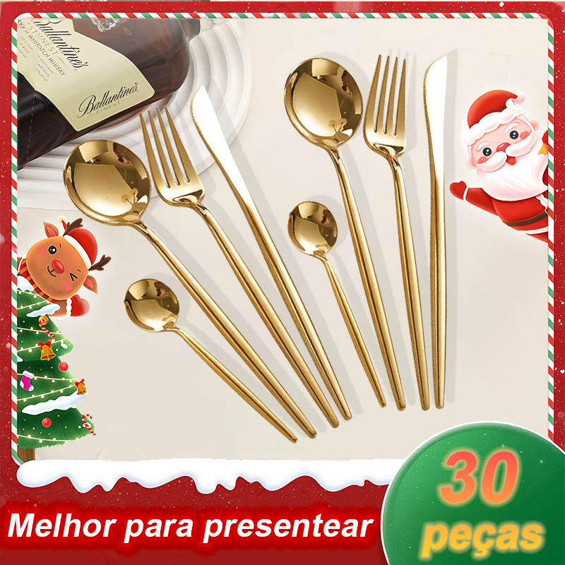 🎅🎄Natal Kit 24/30 Jogo De Talheres Aço Inoxidável Dourados Suprimentos Cozinha - Ideal para Jantares & Presentes