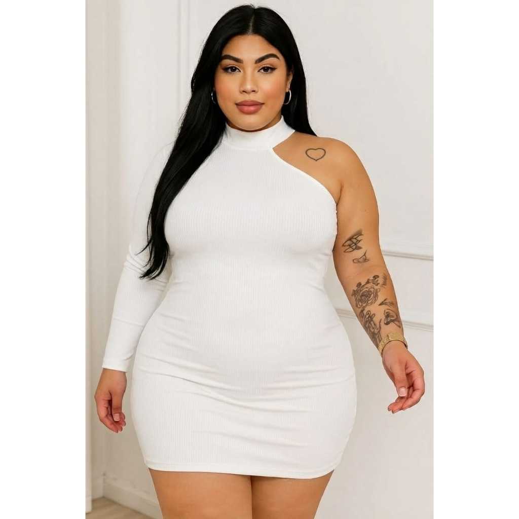 Vestido Plus Size Manga Única Gola Alta  Premium Mula Manca Ombro Só