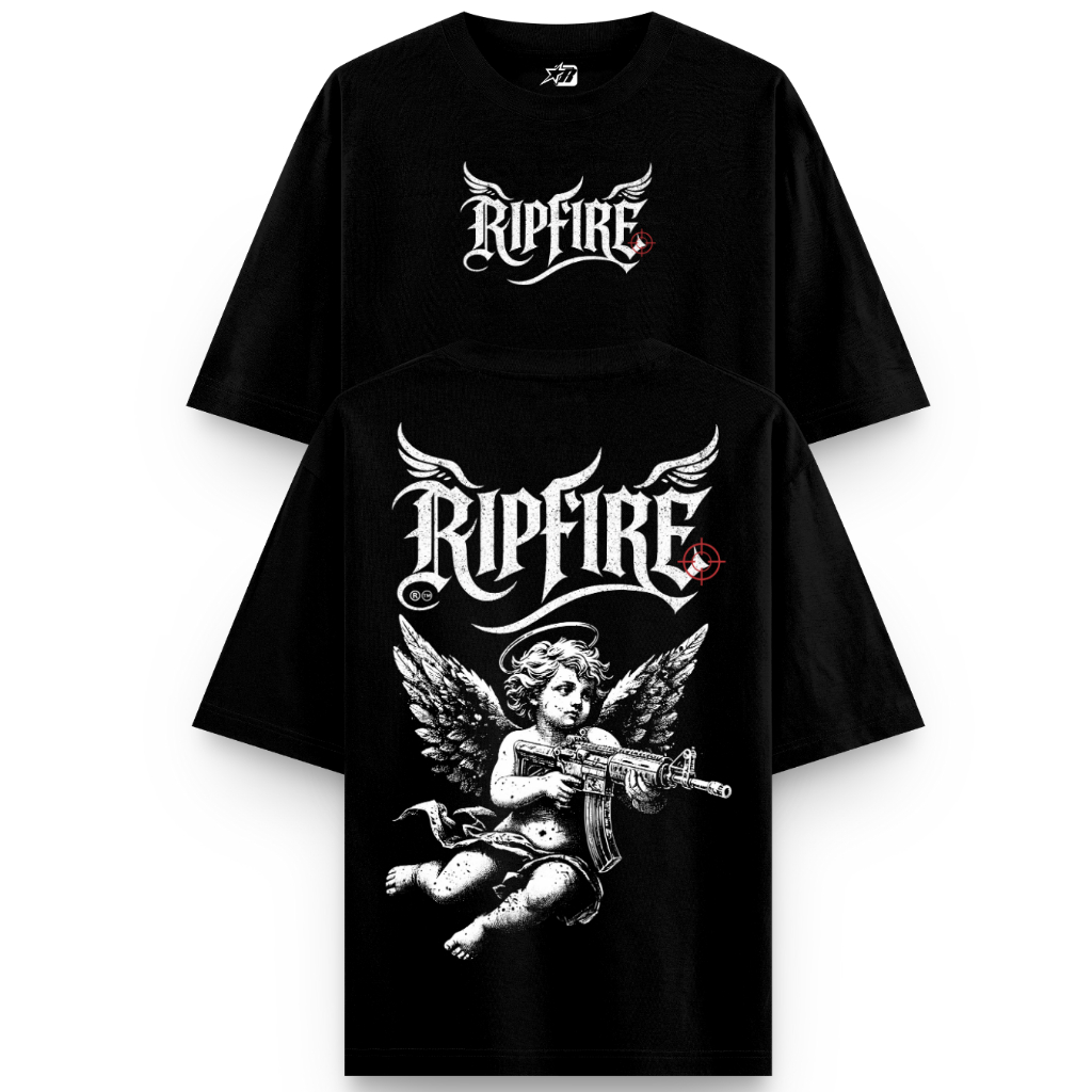 RipFire Camiseta Oversized Angel of War Preta Streetwear Algodão 180g Unissex Gangster Anjo Armado