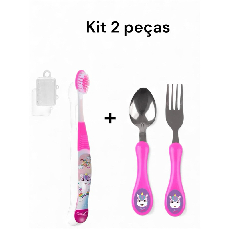 Kit Infantil 2 Peças – Escova + Talheres Unicórnio em Oferta na Shopee