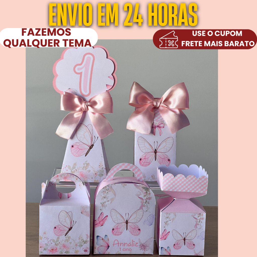 Caixinha Personalizada Jardim Encantado Rosa Borboletas bosque - Lembrancinha para Festa aniversário PEGUE E MONTE