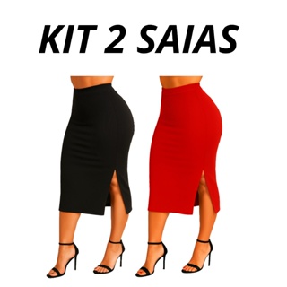 Kit 2 Saias Midi Feminina Com Fendas Laterais Cintura Alta Look Festas Fim de Ano em Oferta na Shopee