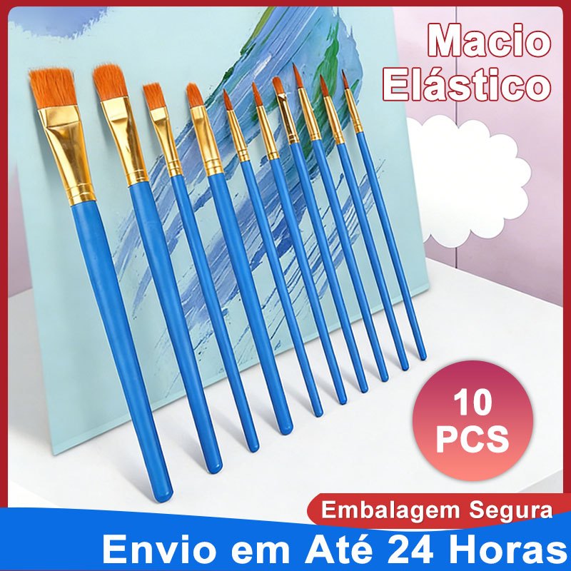 Kit com 10 Pincéis Artísticos para Pintura Cerdas Macias Resistentes Aquarela Óleo Guache Acrílica em Oferta na Shopee