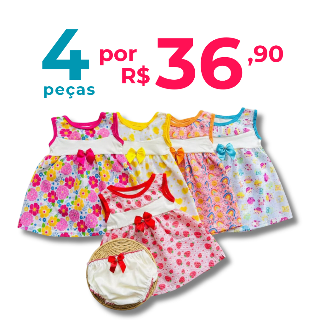 Kit Sortido 4 Peças Menina Roupa de Bebê Verão - 2 vestidos e 2 calcinhas - 0 a 3 meses Vestidinho Conjuntos para Bebê