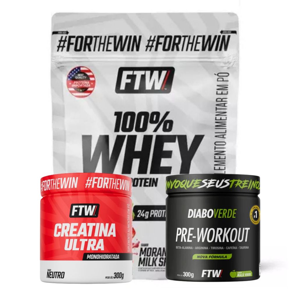 Kit FTW Whey 100% Refil 1kg + Creatina Ultra Pote 300g + Pré-Treino Diabo Verde Pote 300g sabor Maçã Verde em Oferta na Shopee