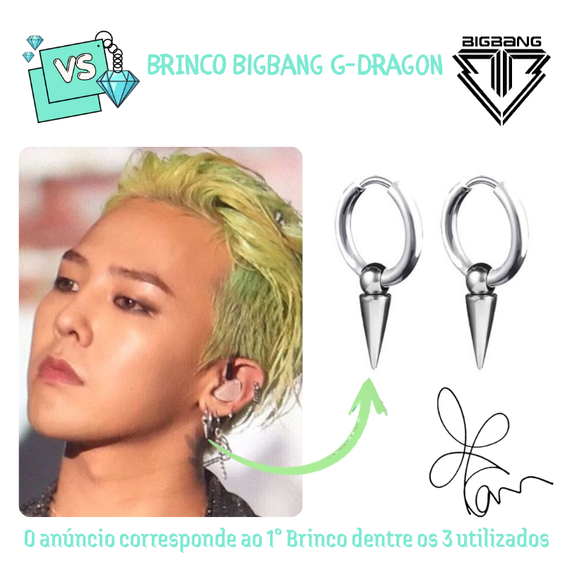 Brinco G-Dragon: Bigbang Prata Inoxidável Antialérgico Réplica Exata com Pingente Corrente