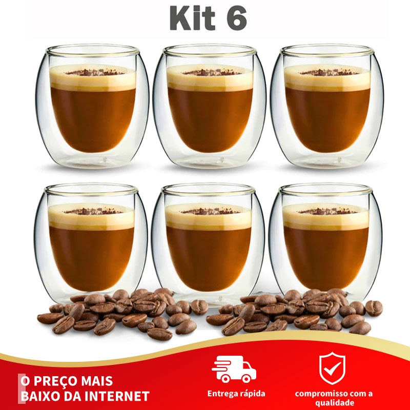Kit 6 Xícaras De Vidro Duplo 80ml Luxo - Não Queima a Mão - Para Café Expresso