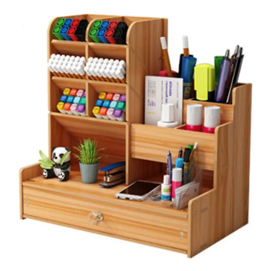 Organizador De Mesa Mdf Escritório Multiuso C/ Gaveta Nicho Canetas