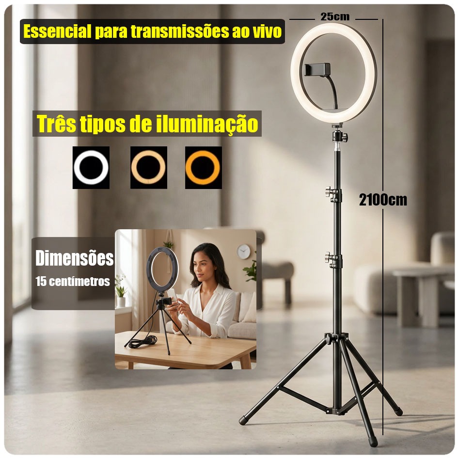 Kit Completo Ring light com tripé  portatil  profissional spot light led 6/10 polegadas,Tripé 2,10M Iluminação para todo