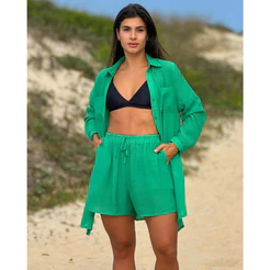 Conjunto de saída de praia feminina, composto por top tipo cardigã e shorts elásticos, Estilo biquíni.