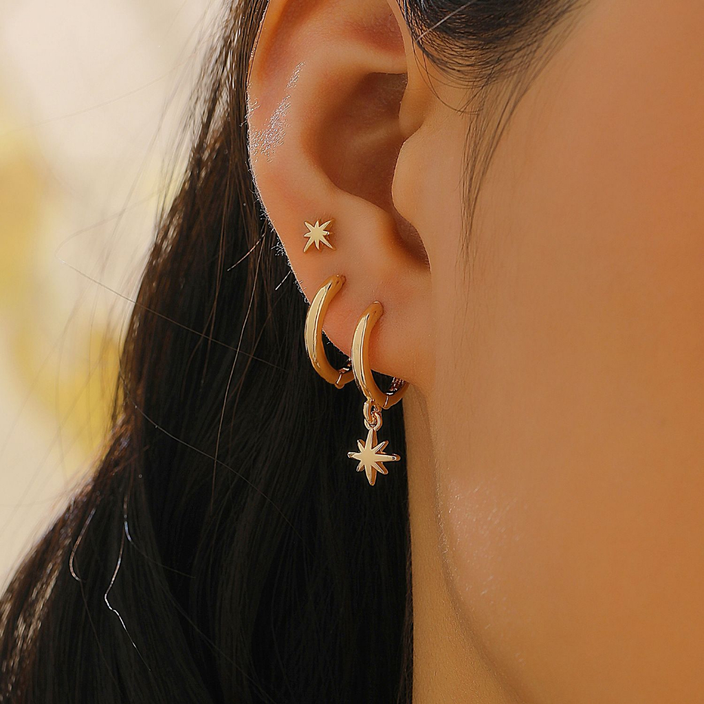 KIT 3 Três Brincos Ouro/prata Antialérgico estrela 8 pontas Cravejada Zircônia