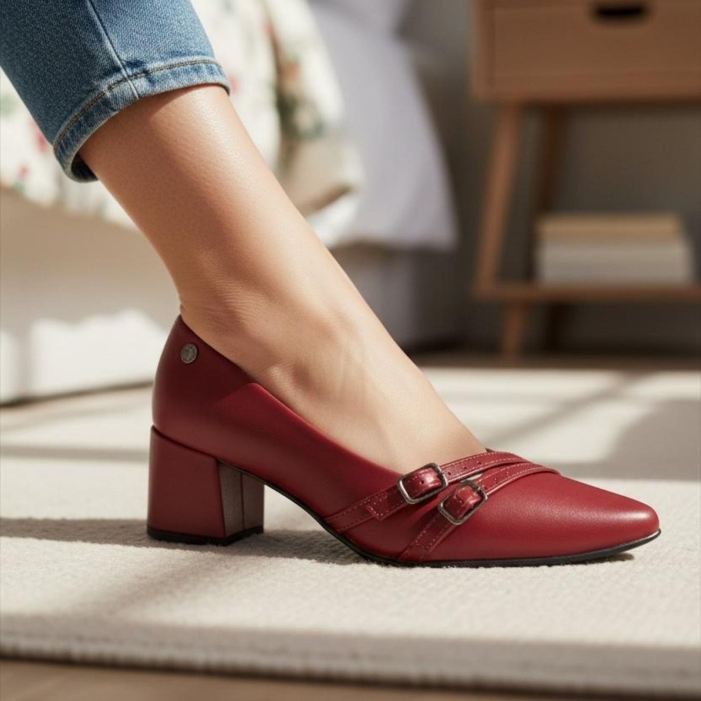 Scarpin Feminino Duas Fivelas Bellamore Salto Grosso Baixo 5 cm Confortável Elegante Casual Social