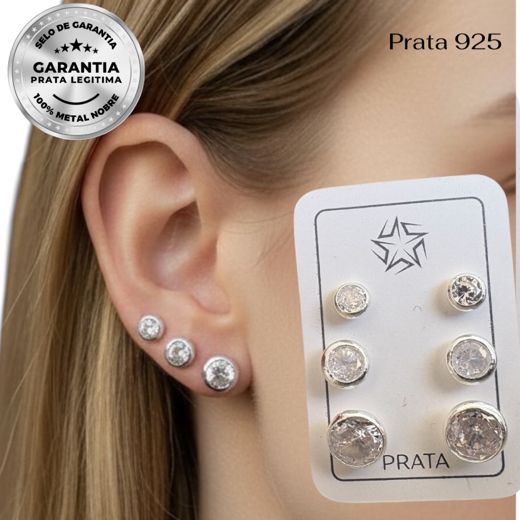 Trio de Brincos Prata 925 Original • Zirconia Premium • Hipoalergênico • 3 Pares