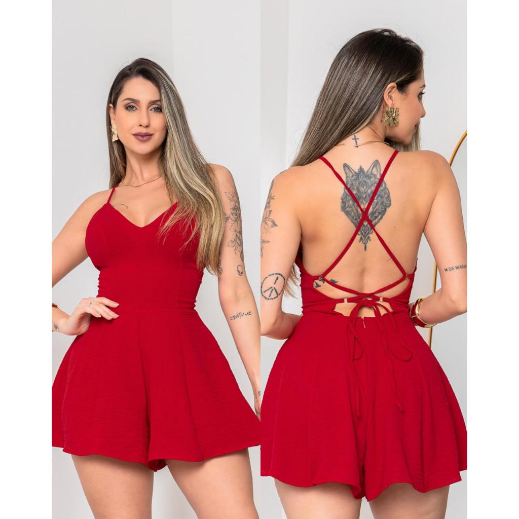 Macaquinho curto Costa aberta liso com amarração zíper invisível bojo forro moda feminina elegante