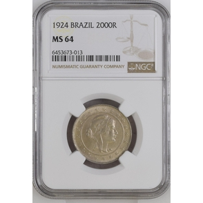Certificada NGC -> Moeda 2000 Réis 1924 🇧🇷 -> A Famosa Mocinha -> MS64 -> Flor de Cunho <-