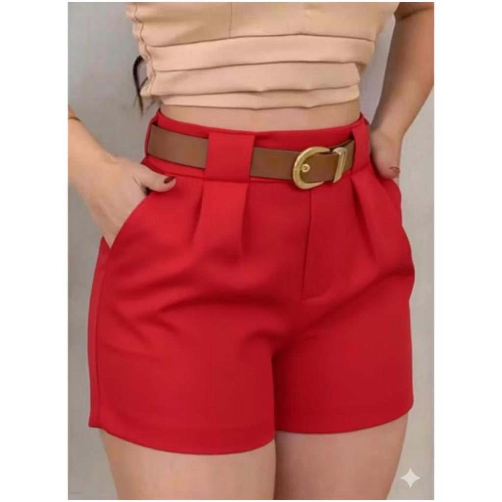 Short Feminino Social Alfaiataria com bolso e cinto