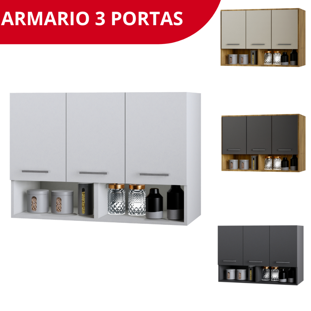 Armário de Cozinha Aereo 3 Portas + Nicho Multiuso Modular Compacto Organizador  Varias cores em Oferta na Shopee