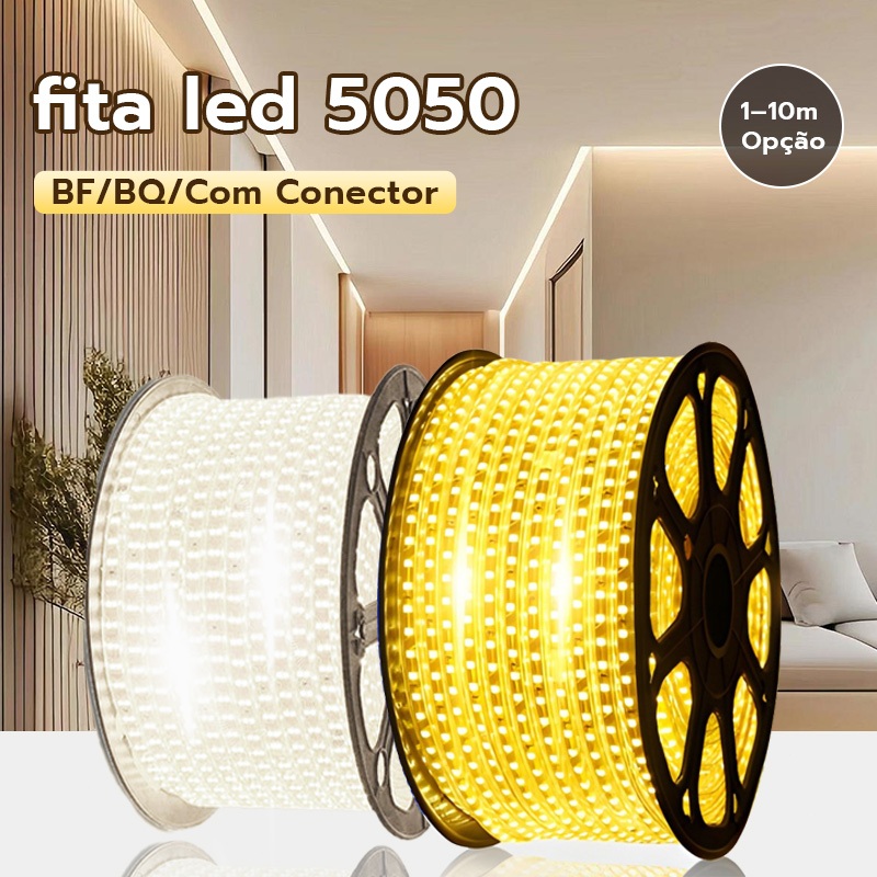Fita de LED 5050 110V/220V com Rabicho | 1–10m | Quente/Frio | Perfeita para Festa, Quarto e Ambiente Decorativo