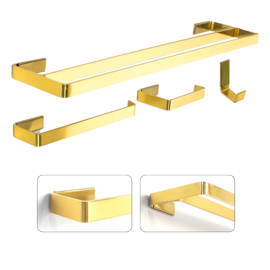 Kit Acessórios Banheiro Suporte Toalhas Duplo Dourado Gold Quadrado Alumínio Ban