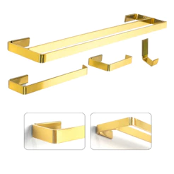 Kit Acessórios Banheiro Suporte Toalhas Duplo Dourado Gold Quadrado Alumínio Banhado Luxo 4 Peças
