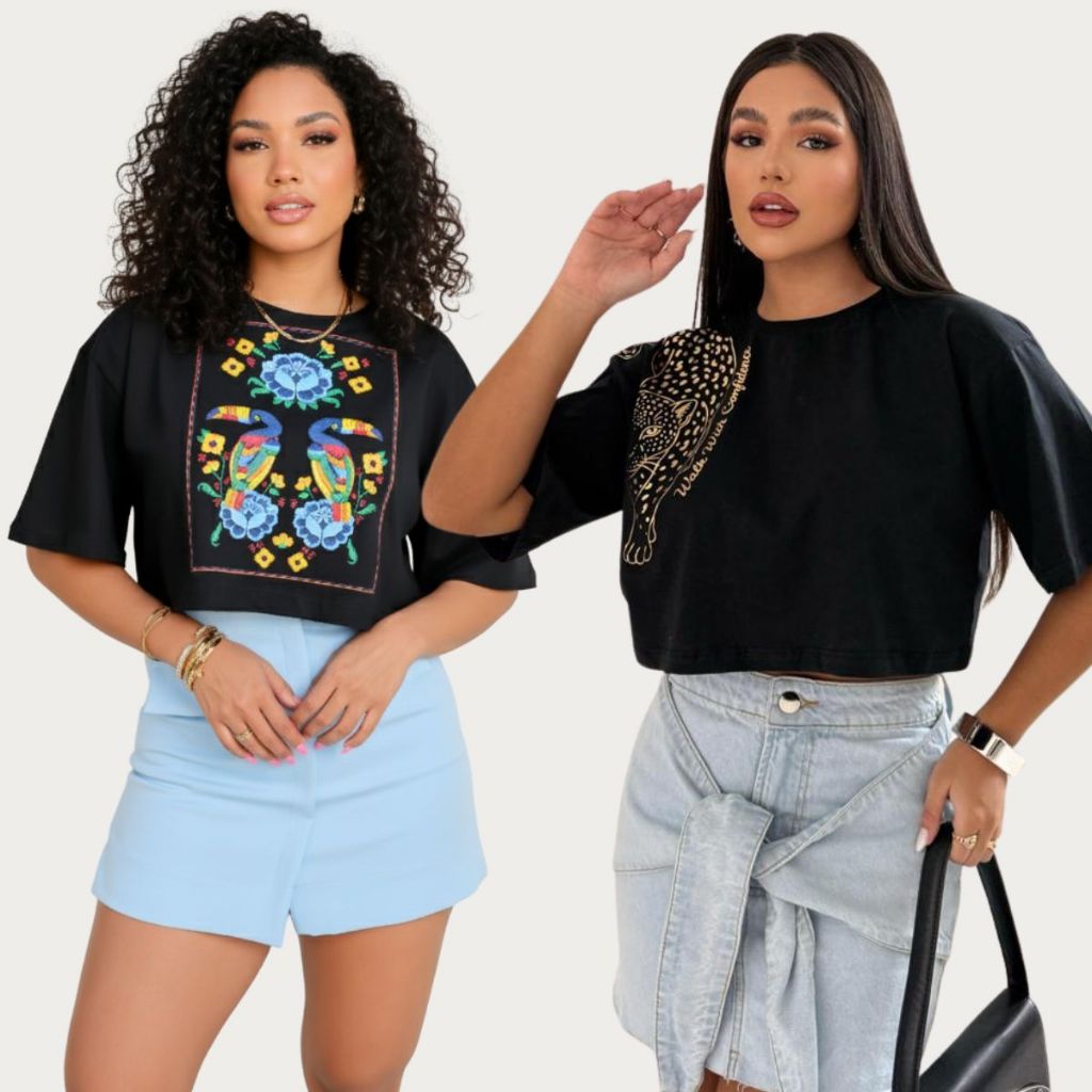 Cropped Oversized Feminino Estampas Diversas Blusa 100% Algodão Camiseta Streetwear Soltinho em Oferta na Shopee