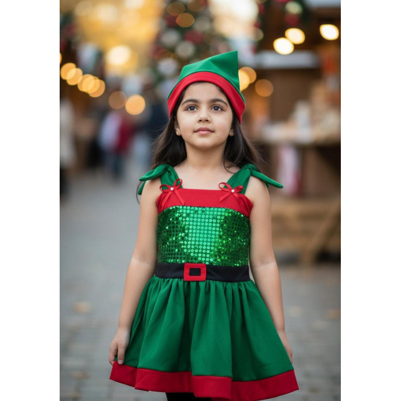 Fantasia Vestido Mamãe Noel verde Infantil+ Gorro