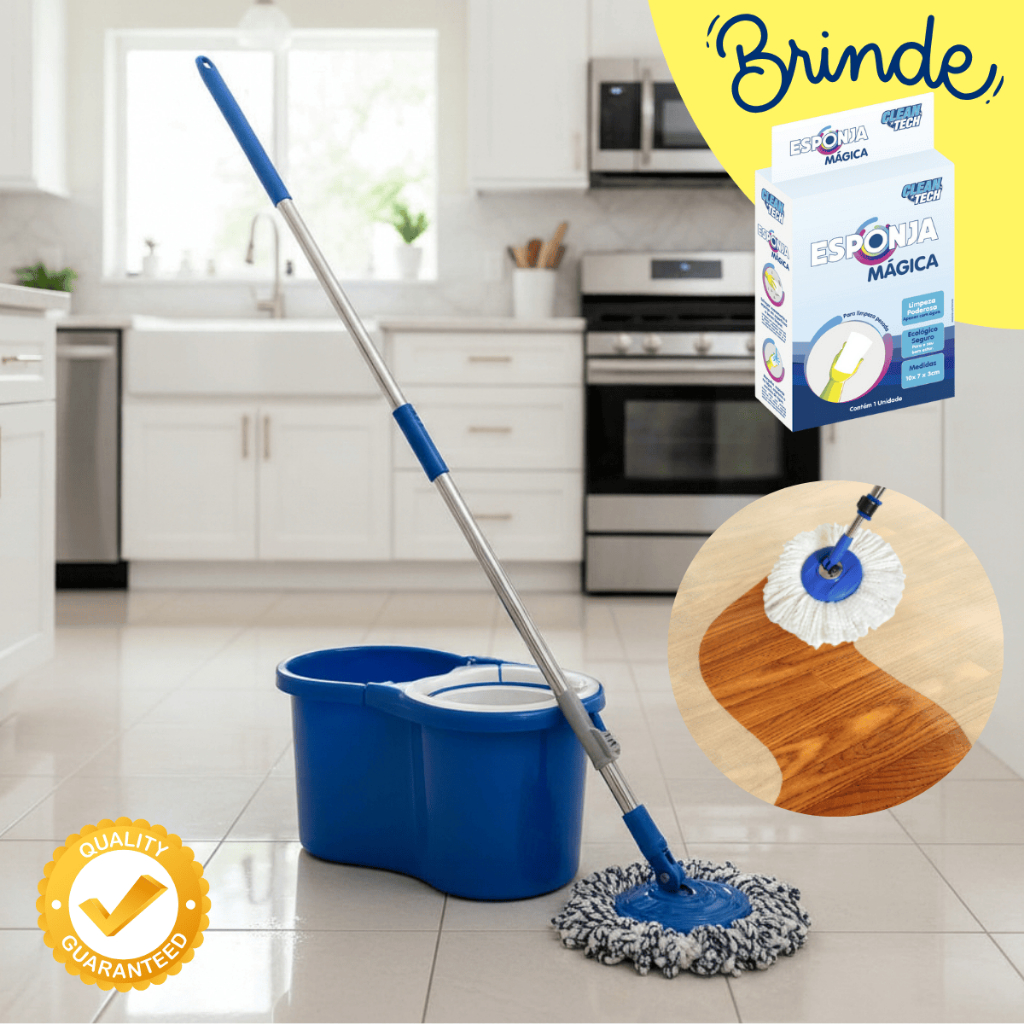 Mop Limpeza Esfregão Giratório 360 Balde 8l Refil Microfibra Cabo INOX Limpa e Seca Pisos Premium