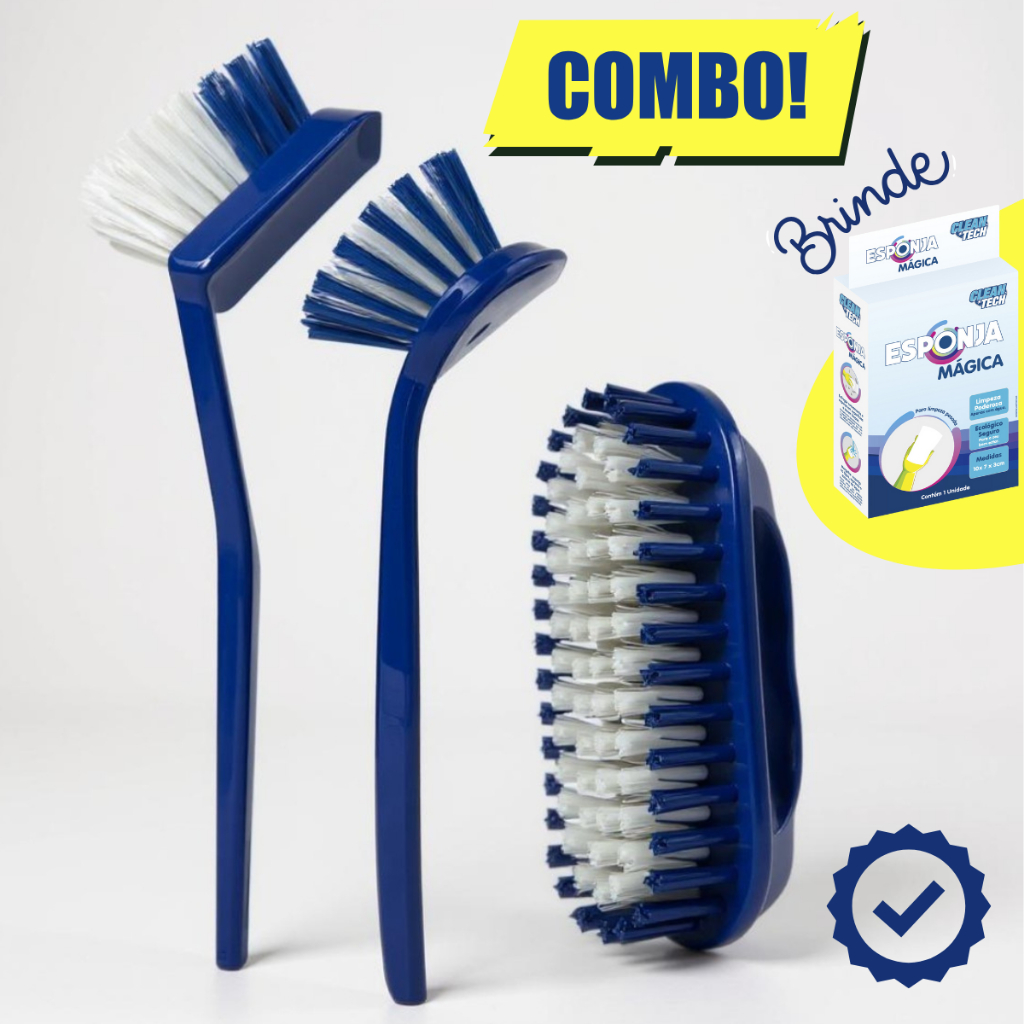 KIT Limpeza Escovas 3 unds Multiuso Tanque Faxina Pisos Banheiro Azulejos, Roupas + ESPONJA MÁGICA