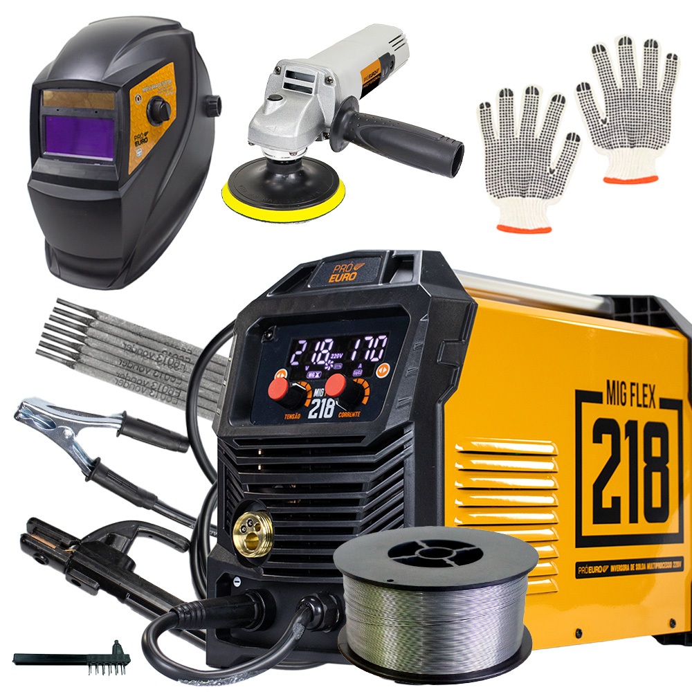 Máquina Multi Mig 218a Flex 4 em 1 + Máscara Profissional + Arame + Esmerilhadeira Pró Euro em Oferta na Shopee