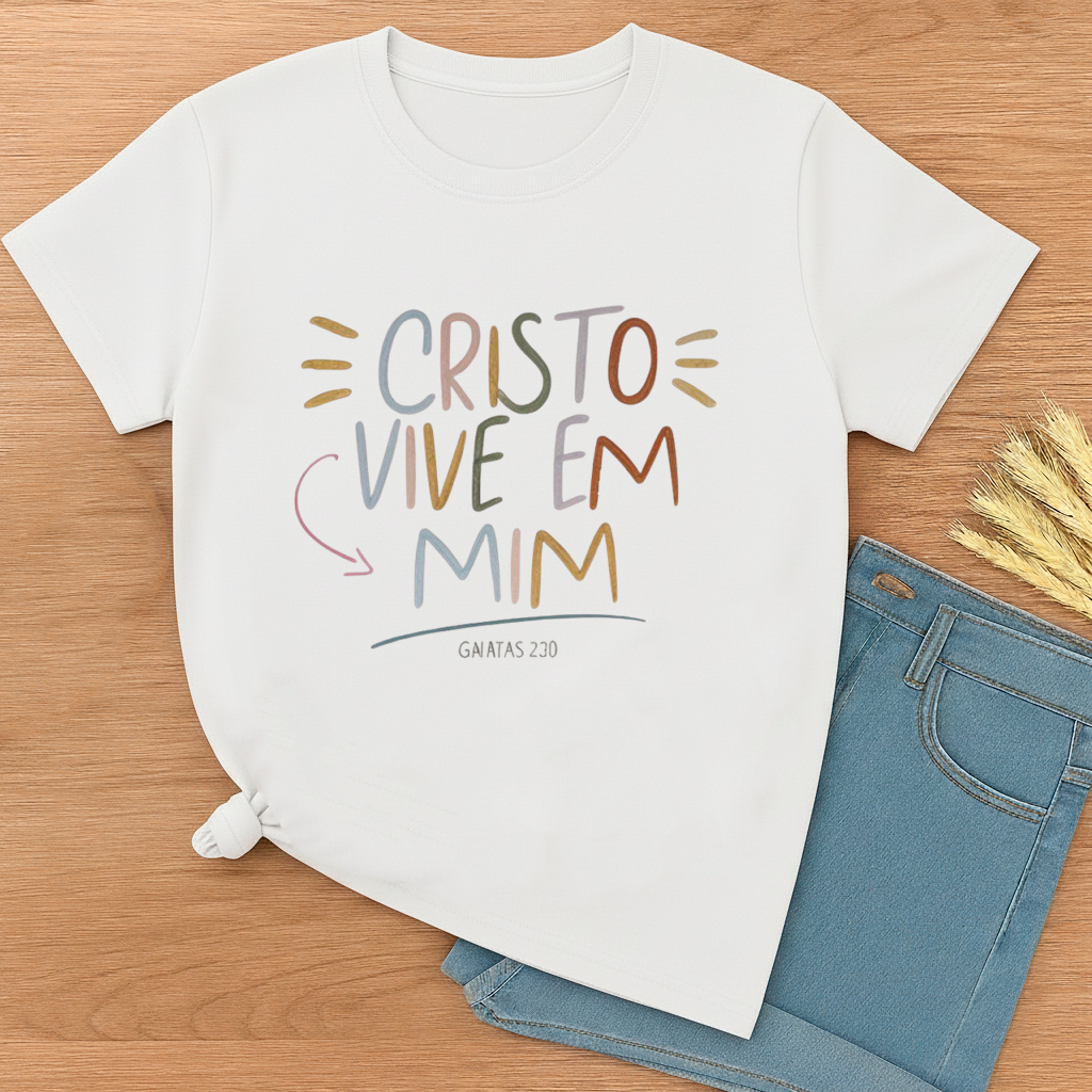Camiseta T-Shirt Básica Unissex Cristo Vive Em Mim Estiloso Feminina Tendência Catolica Modelo Lançamento Envio Rápido