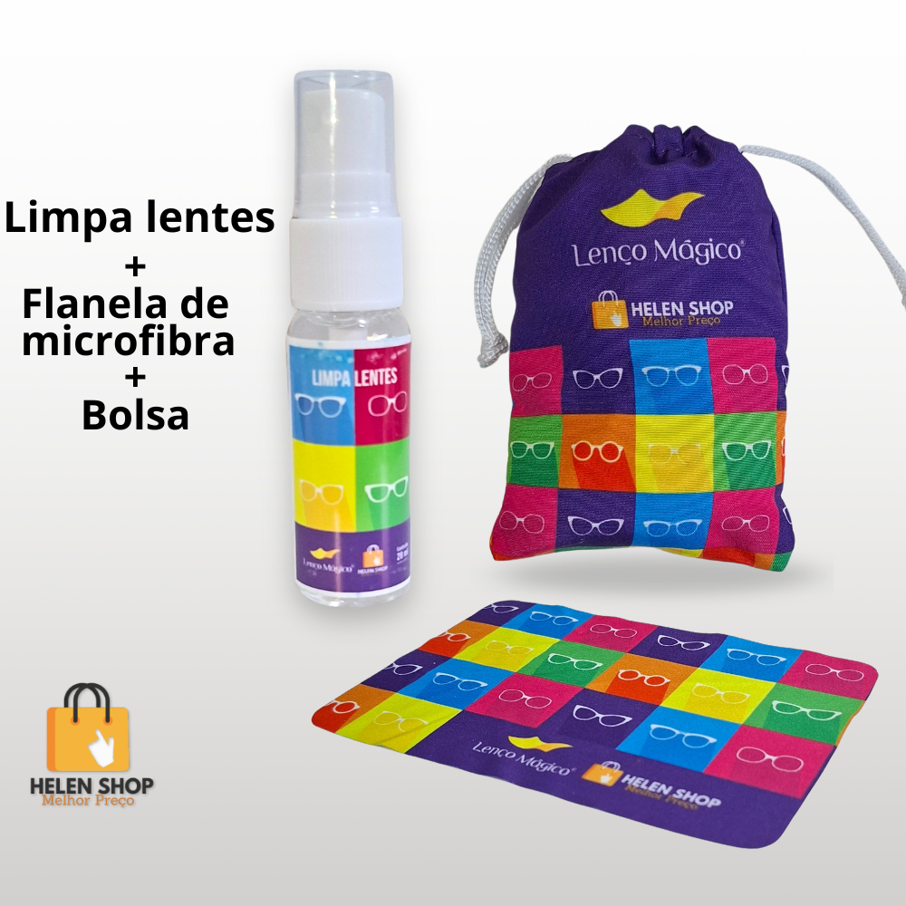 Kit limpa lentes Lenço Mágico Spray Eco 20ml  + Flanela Microfibra 10x15cm + Saquinho Sustentável