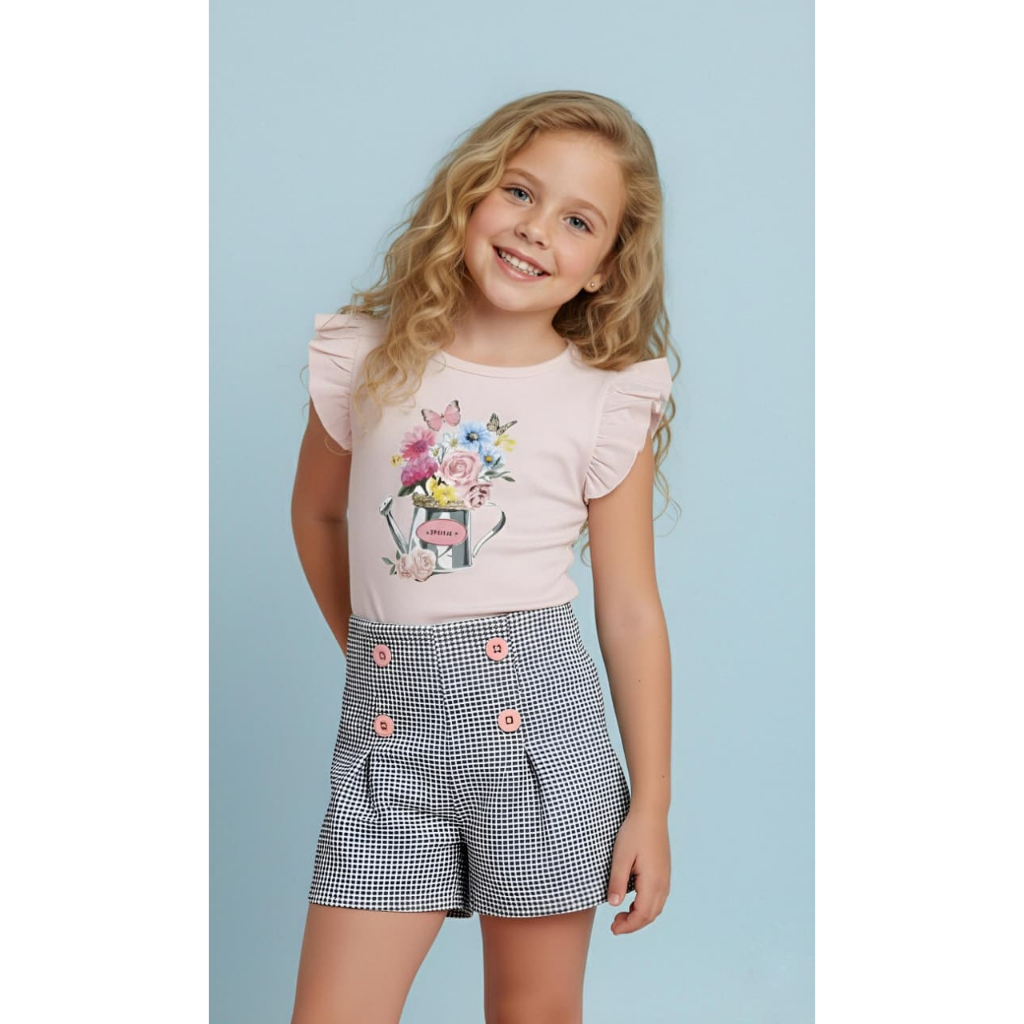 Conjunto Infantil Feminino Blusa com Babado e Short Xadrez – Look Fashion, Confortável e Estiloso