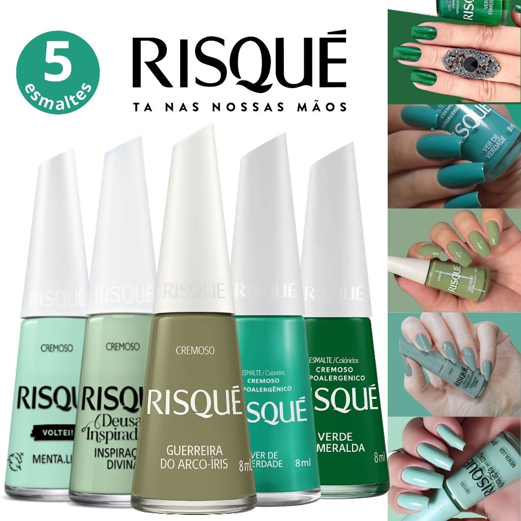 Kit 5 Esmaltes Risqué Tons de Verde Esmalte Atacado Nova Coleção 8ml