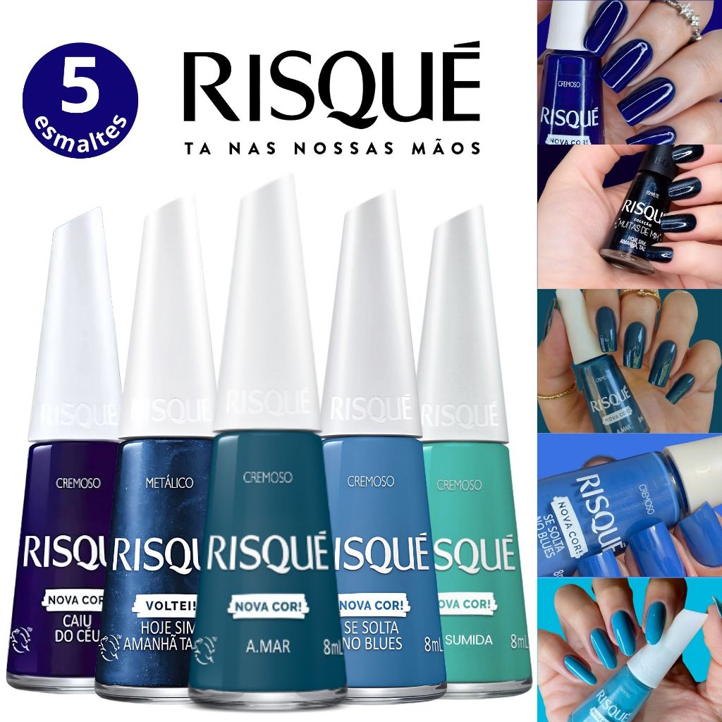 Kit 5 Esmaltes Risqué Tons Azul Glitter Cremoso Esmalte Azul Atacado Nova Coleção em Oferta na Shopee