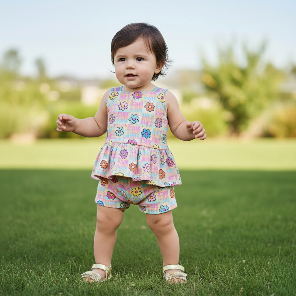 Conjunto Infantil Menina Alcinha Estampado Colorido Tecido Fresquinho Leve Confortável para Verão
